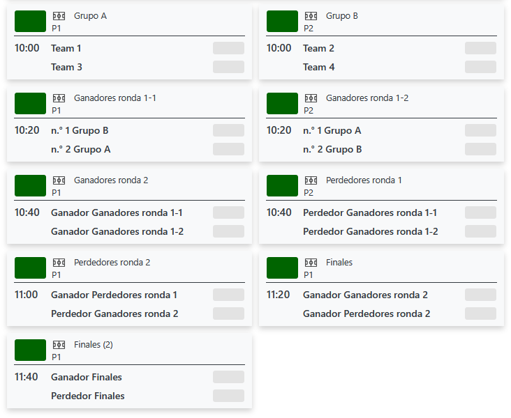 Calendario de torneo simple con 2 grupos, 4 equipos y doble eliminación